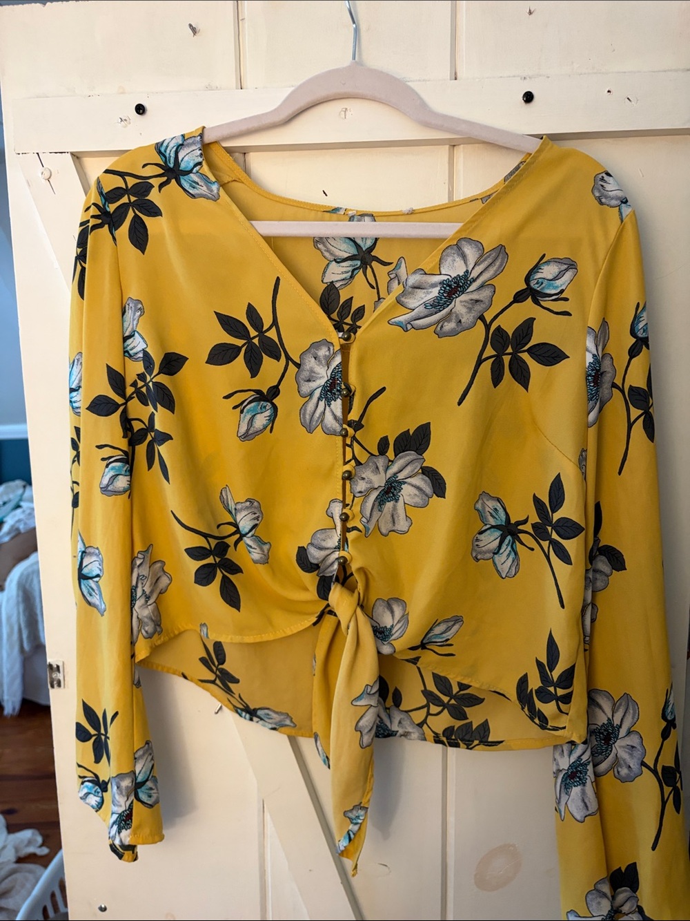 Yellow Floral Tie-Front Women’s Top